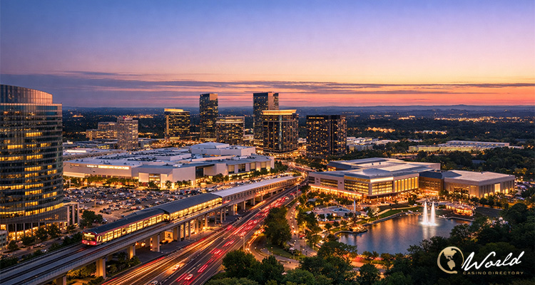 拉斯维加斯黄昏城市天际线，呼应老虎机行业数据变化