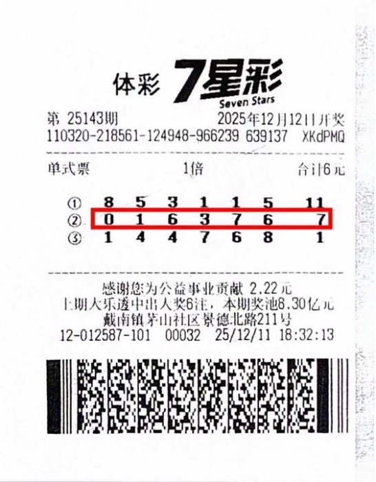 体彩7星彩中奖彩票票面与号码标注