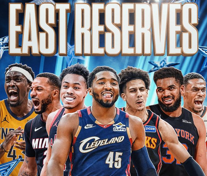 2026 洛杉矶 NBA 全明星东部替补阵容合成图，多名球员身穿各队球衣亮相