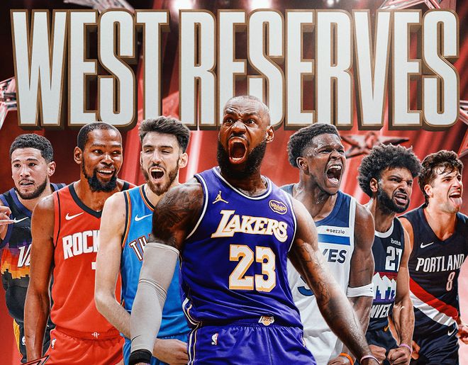 2026 洛杉矶 NBA 全明星西部替补球员合成图，詹姆斯身穿湖人球衣居中