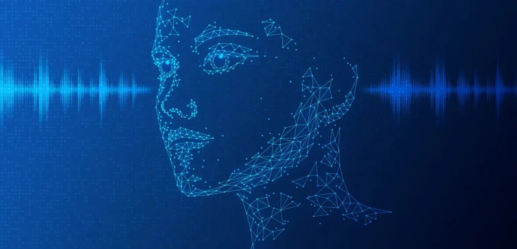 数字人脸与声波图形象征人工智能诈骗风险