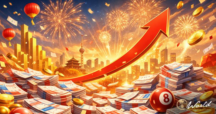 中国彩票市场增长主题插画呈现金融与城市元素