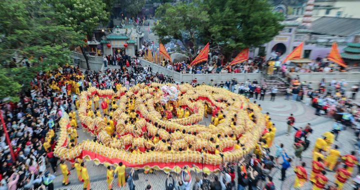 澳门春节舞龙活动游客聚集场景