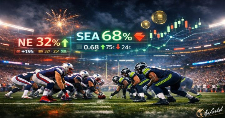 超级碗赛场上NFL球队对阵画面叠加预测市场交易数据图表