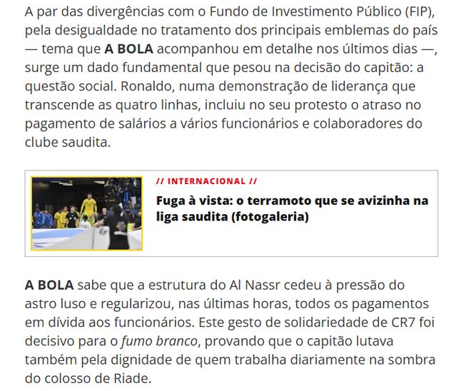 葡萄牙媒体报道C罗与利雅得胜利内部博弈相关内容截图