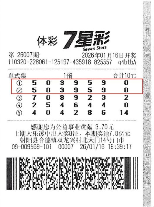 体彩七星彩中奖彩票票面展示，显示两注相同号码命中一等奖信息
