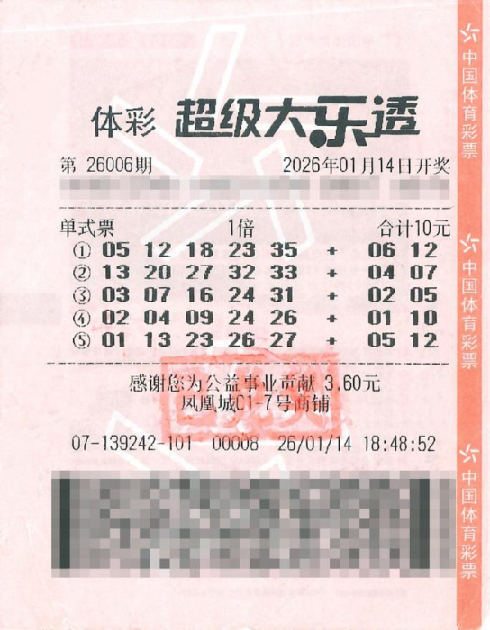 超级大乐透26006期中奖票票面与开奖号码信息