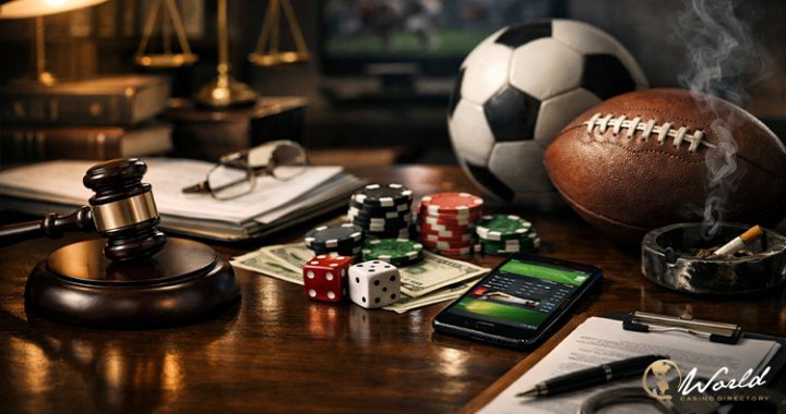 桌面摆放法槌筹码与体育投注设备 象征未受监管预测市场风险