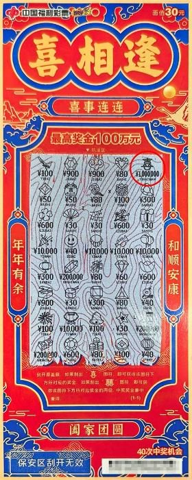 福彩喜相逢刮刮乐100万元大奖中奖彩票展示