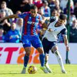 英超水晶宫与热刺比赛中球员争抢控球瞬间