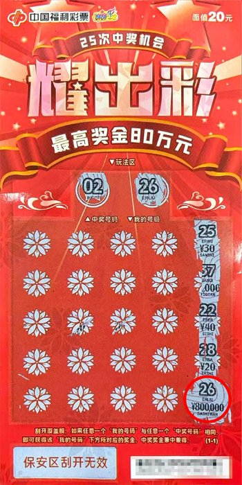 福彩耀出彩刮刮乐彩票中奖80万元票面细节展示