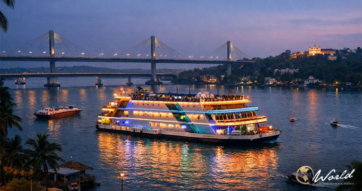 果阿河面赌场游船夜景与跨海大桥灯光画面