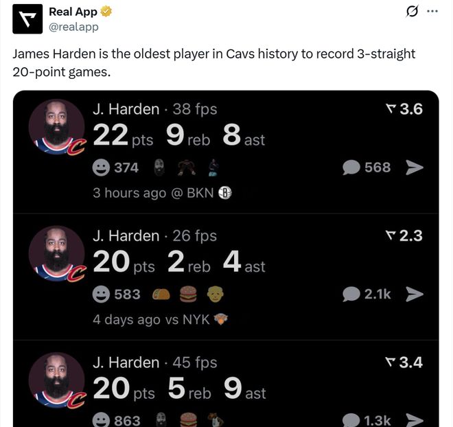 哈登连续三场20分以上 创骑士队史最年长纪录截图
