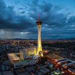 拉斯维加斯STRAT塔楼夜景与大道城市天际线