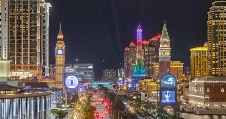 澳门夜景博彩酒店建筑与旅游经济场景