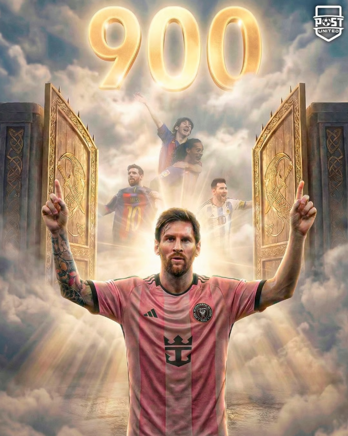 梅西900球里程碑视觉海报与传奇象征画面