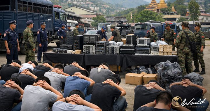 缅甸警方打击网络赌博现场多人被拘留与设备查获画面