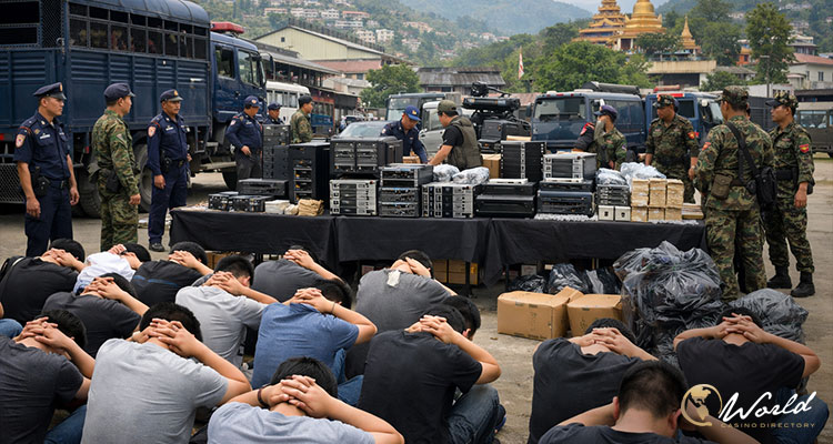 缅甸警方打击网络赌博现场多人被拘留与设备查获画面