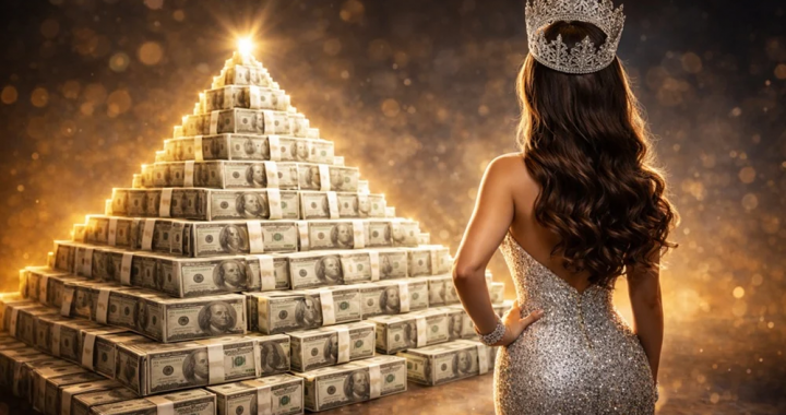 内华达州选美皇后庞氏骗局象征画面金钱堆与皇冠人物