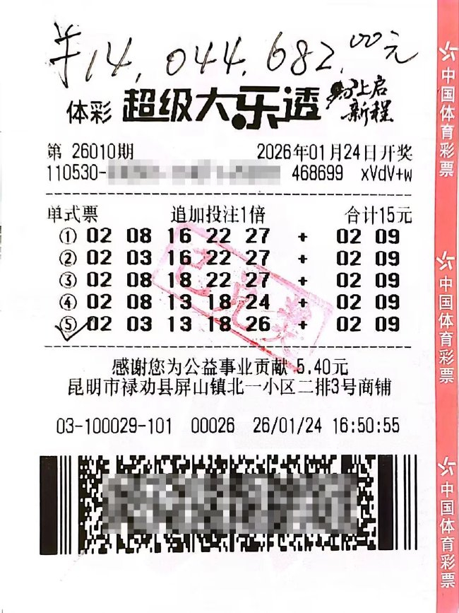 体彩大乐透1404万中奖票号码特写