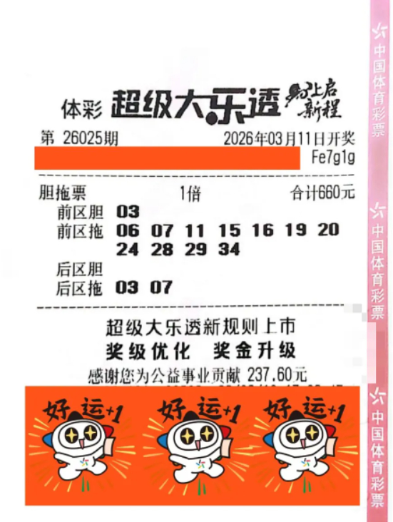 体彩大乐透26025期胆拖复式投注彩票票面细节