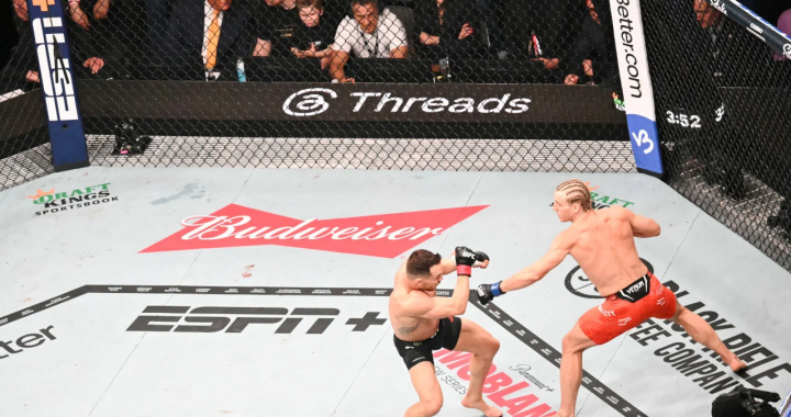 UFC比赛八角笼内两名选手激烈对决现场画面