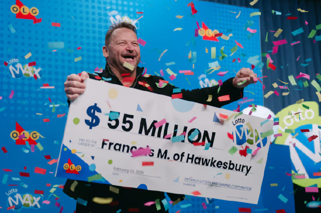 加拿大彩票大奖得主举起巨额支票庆祝