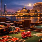 赌场赌桌筹码轮盘与夜景博彩环境展示