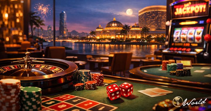 赌场赌桌筹码轮盘与夜景博彩环境展示