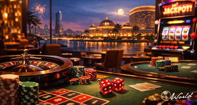 赌场赌桌筹码轮盘与夜景博彩环境展示