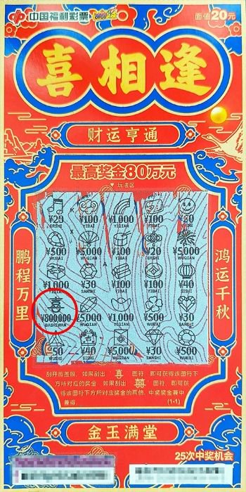 福彩喜相逢20元刮刮乐80万元票面图