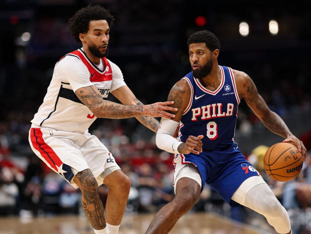 76人乔治持球突破奇才防守比赛画面