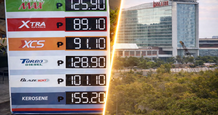 菲律宾油价牌与索莱尔赌场大楼对比画面