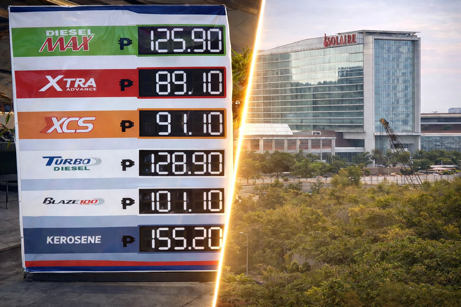 菲律宾油价牌与索莱尔赌场大楼对比画面