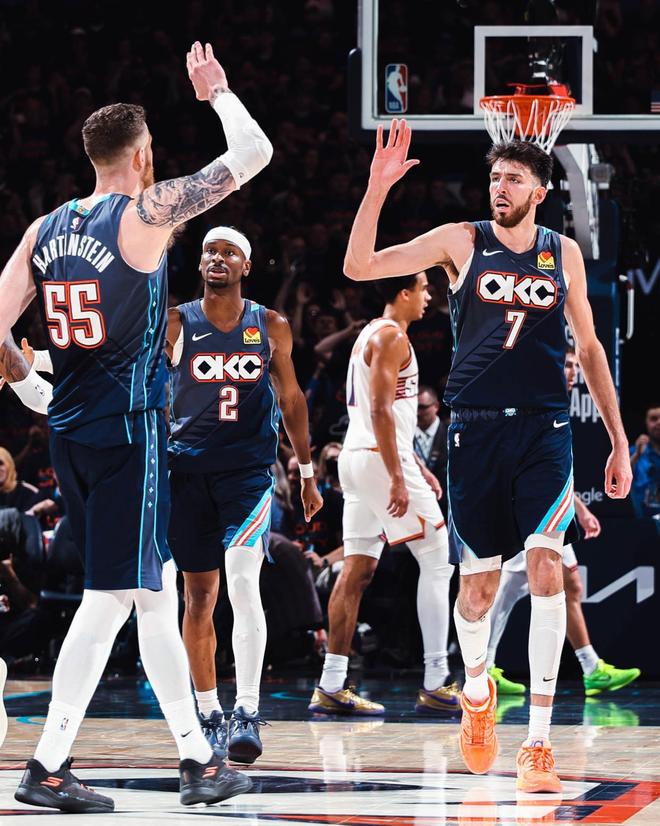 雷霆球员击掌庆祝比赛优势