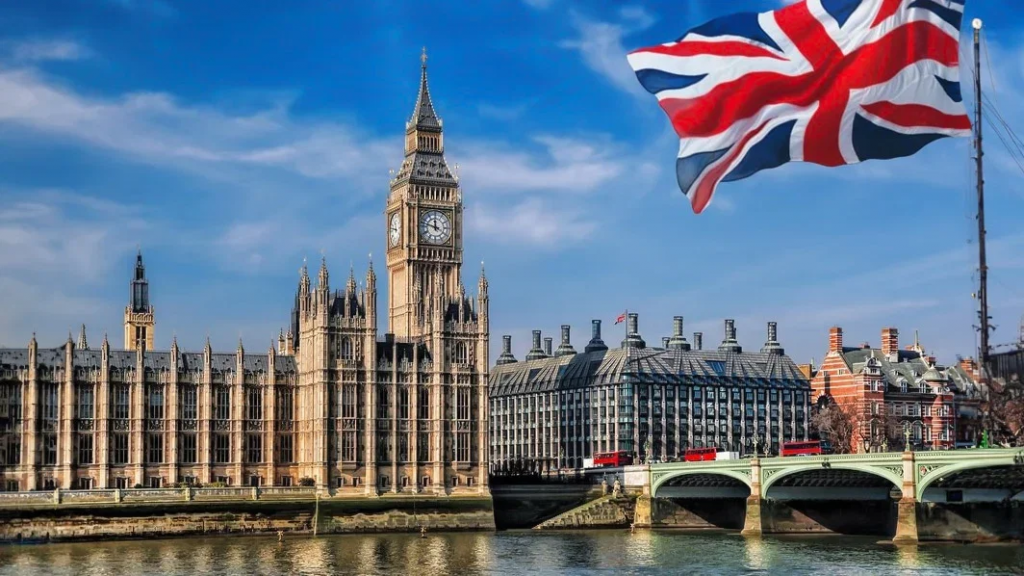 英国议会大厦与国旗城市景观配图