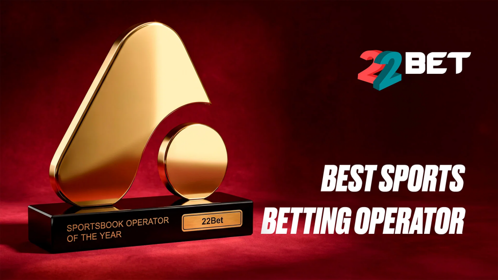 22Bet年度最佳体育博彩运营商奖杯宣传图，展示AffPapa iGaming Awards获奖信息