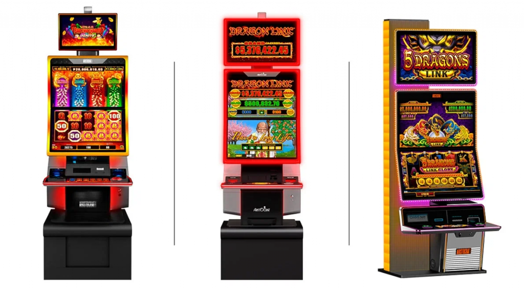 Aristocrat Gaming多款老虎机机柜产品图，展示G2E Asia亚洲市场新品组合