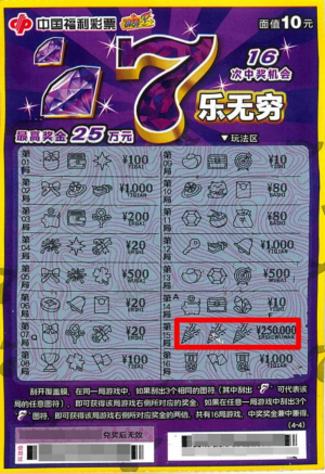 福彩刮刮乐7乐无穷中奖彩票，票面红框标出25万元一等奖金额