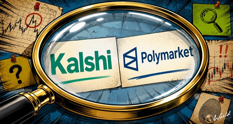 Kalshi和Polymarket标志出现在放大镜下，象征预测市场平台受到监管调查
