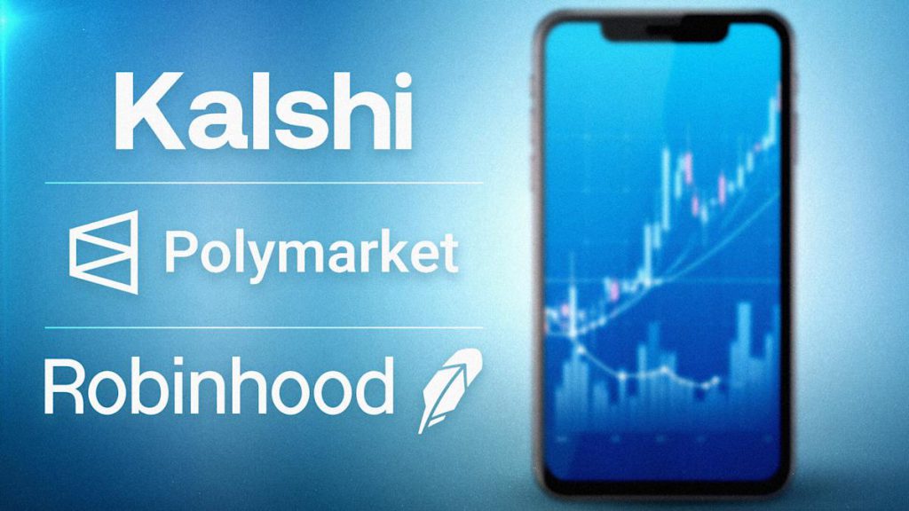 Kalshi、Polymarket与Robinhood三大预测市场平台标志与手机交易界面