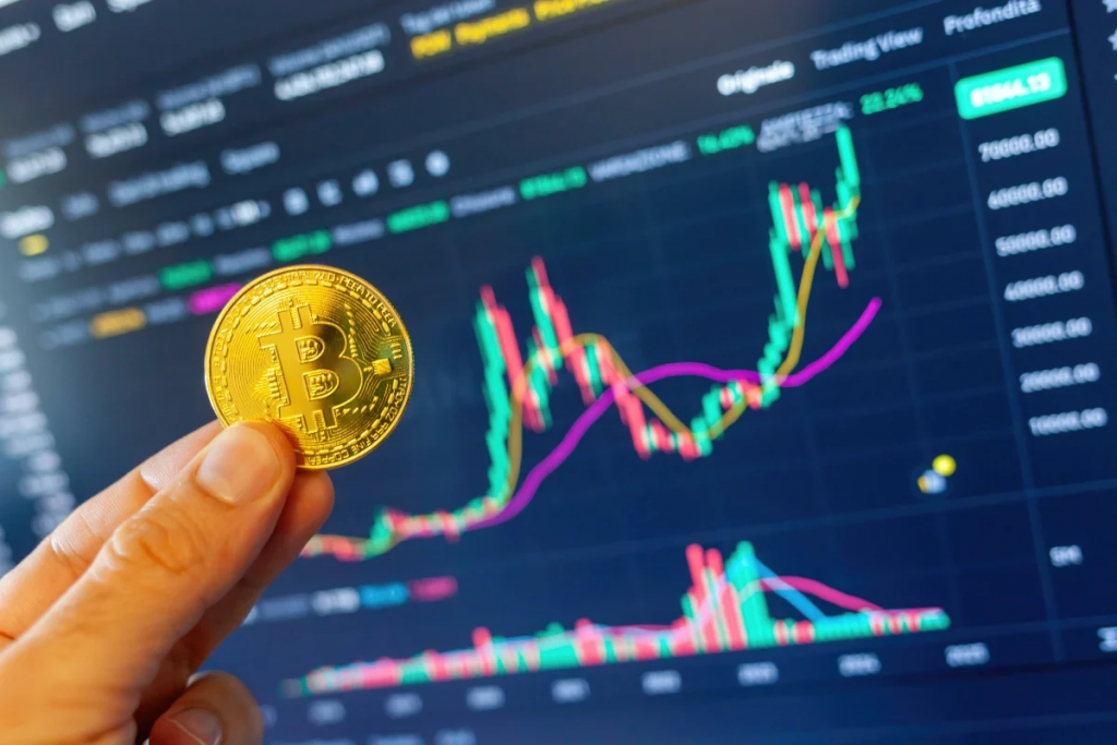 投资者手持比特币金币，背景为加密货币交易行情图，Limitless申请CFTC牌照推出五分钟预测合约