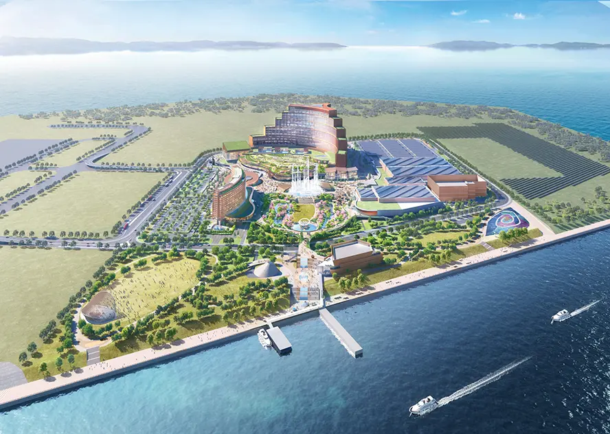 美高梅大阪综合度假村项目效果图，展示海湾沿岸大型IR建筑、会展设施与码头规划