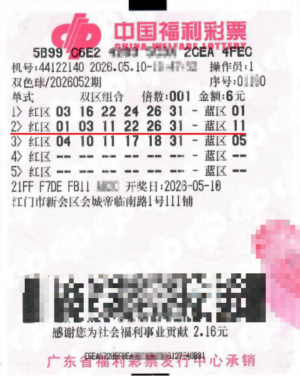 中国福利彩票双色球第2026052期中奖彩票，票面显示6元单式票与开奖号码红球04、10、11、17、18、31及蓝球05