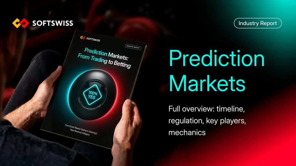 SOFTSWISS预测市场行业报告宣传图，画面展示Prediction Markets报告封面与产品概览文字