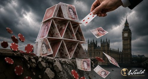 英国议会背景下的纸牌和英镑纸币塔，象征博彩负担能力检查引发赛马业风险争议