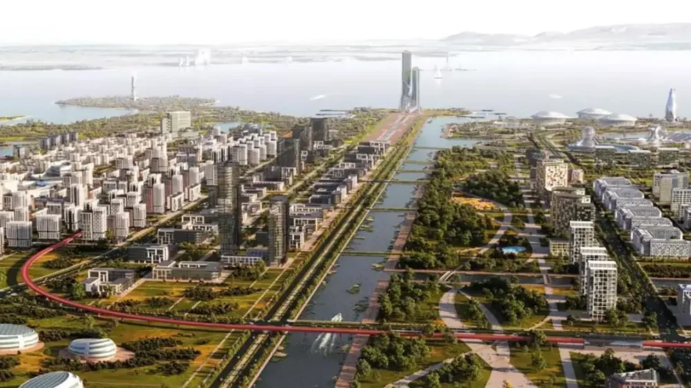 哈萨克阿拉套未来新城规划效果图展示沿河建筑群