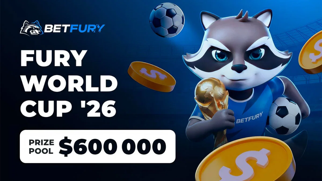 BetFury Fury World Cup '26活动宣传图，展示60万美元奖池与平台吉祥物，配合活动上线报道