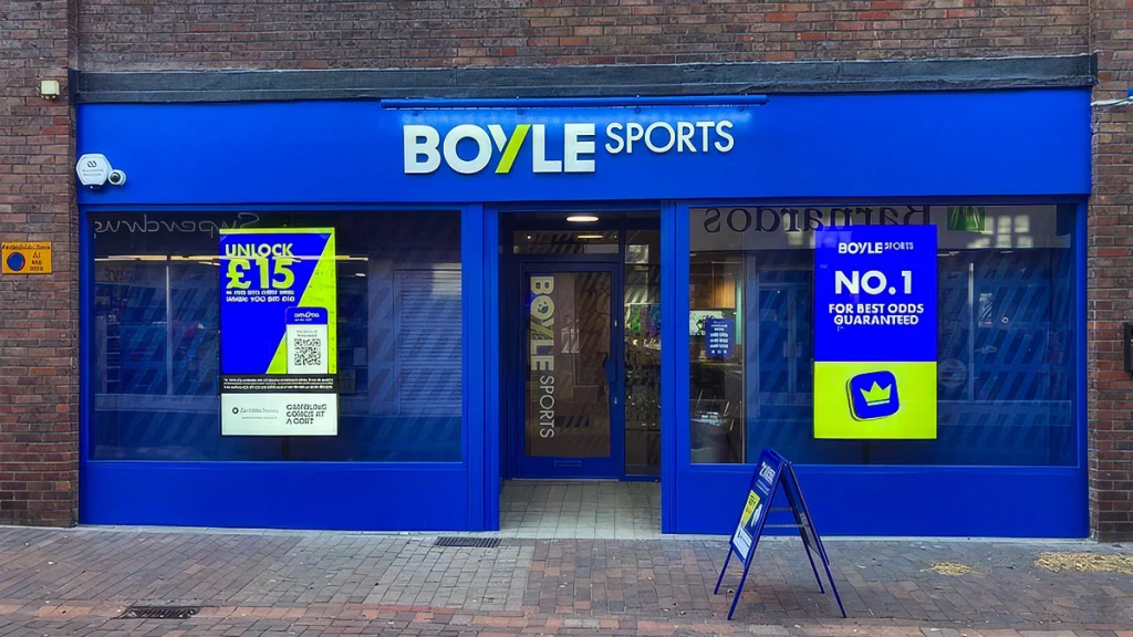 BoyleSports线下博彩门店蓝色门面及数字宣传屏幕