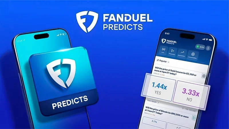 FanDuel Predicts手机应用界面展示，显示黄金期货与比特币赛事合约赔率，配合FanDuel与Crypto.com合作扩充预测市场产品报道